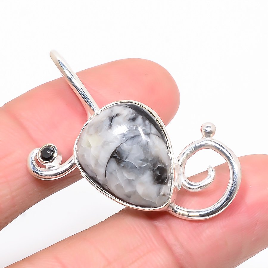 Orthoceras Fossil & Black Onyx 925 Sterling Silver Pendant, Handmade Pendant, Pear Pendant, Black Pendant, Unique Silver Pendant, Fine Pendant, Silver Jewelry Pendant