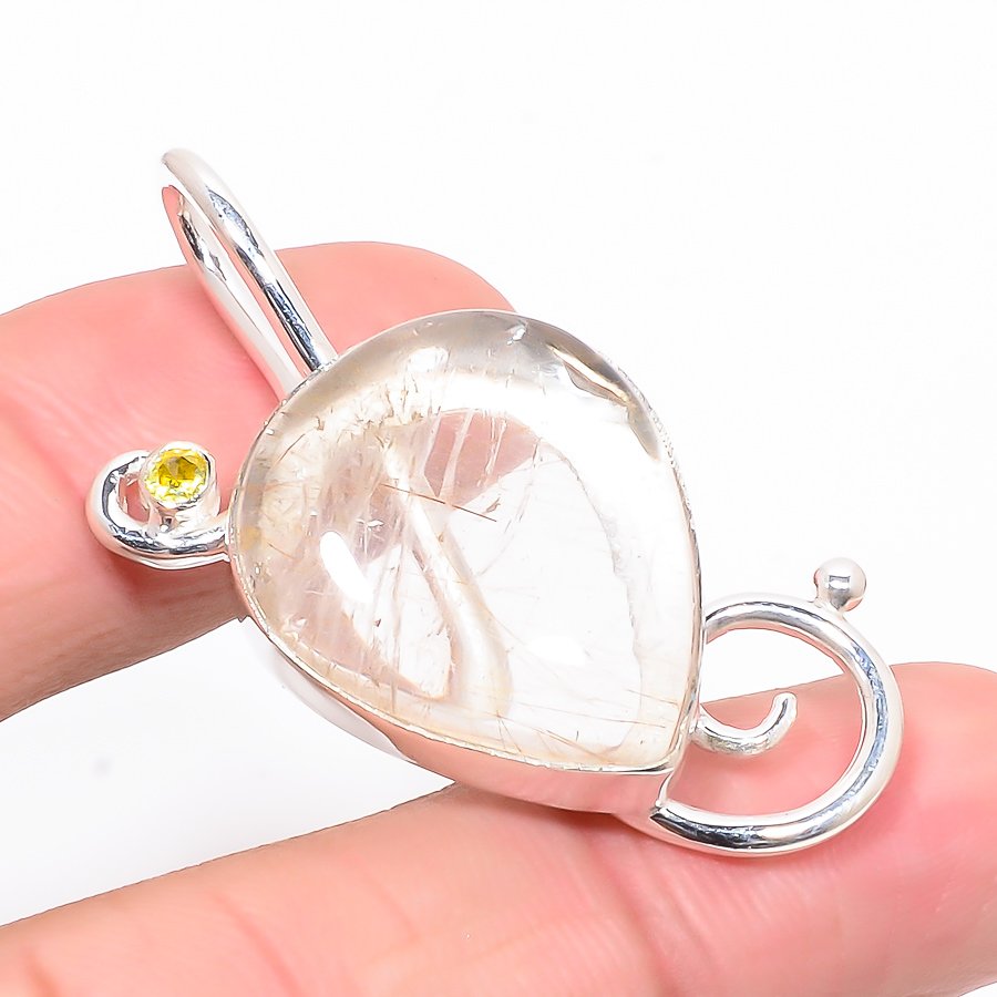 Golden Rutilated Quartz & Lemon Topaz 925 Sterling Silver Pendant, Handmade Pendant, Pear Pendant, Golden Pendant, Unique Silver Pendant, Fine Pendant, Silver Jewelry Pendant