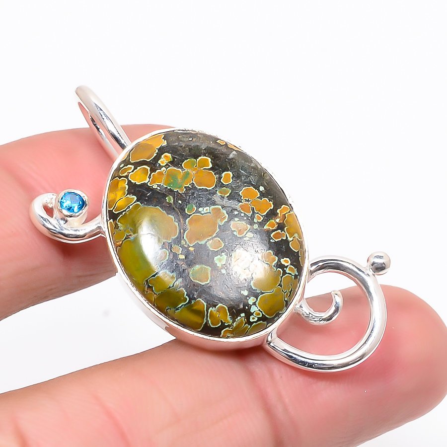 Tibetan Turquoise & Blue Topaz 925 Sterling Silver Pendant, Handmade Pendant, Oval Pendant, Blue Pendant, Unique Silver Pendant, Fine Pendant, Silver Jewelry Pendant