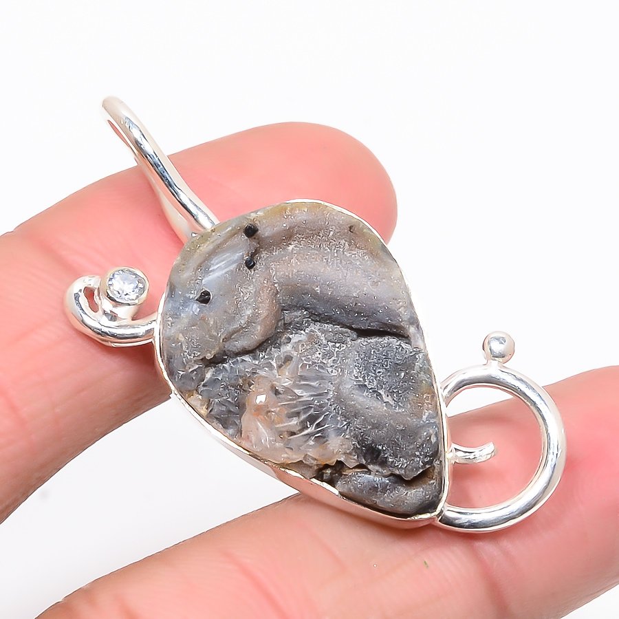 Desert Rose Drusy & White Topaz 925 Sterling Silver Pendant, Handmade Pendant, Pear Pendant, Gray Pendant, Unique Silver Pendant, Fine Pendant, Silver Jewelry Pendant