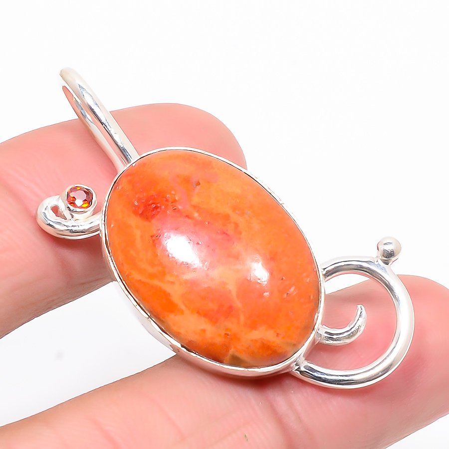 Sponge Coral & Garnet 925 Sterling Silver Pendant, Handmade Pendant, Oval Pendant, Orange Pendant, Unique Silver Pendant, Fine Pendant, Silver Jewelry Pendant