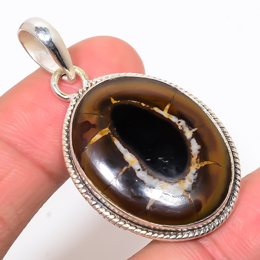 Mud Crack Fossil 925 Sterling Silver Pendant, Handmade Pendant, Oval Pendant, Brown Pendant, Unique Silver Pendant, Fine Pendant, Silver Jewelry Pendant