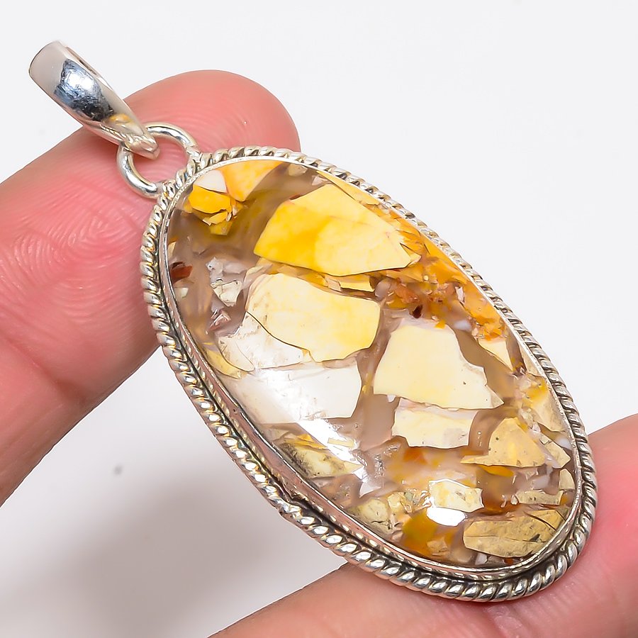 Brecciated Mookaite 925 Sterling Silver Pendant, Handmade Pendant, Oval Pendant, Yellow Pendant, Unique Silver Pendant, Fine Pendant, Silver Jewelry Pendant
