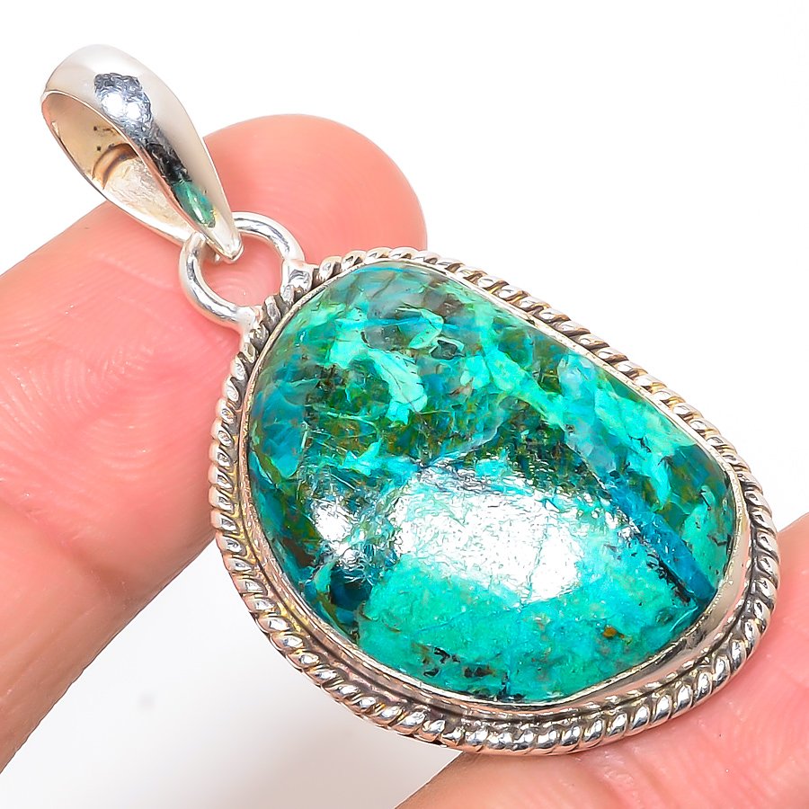 Chrysocolla 925 Sterling Silver Pendant, Handmade Pendant, Oval Pendant, Blue Pendant, Unique Silver Pendant, Fine Pendant, Silver Jewelry Pendant
