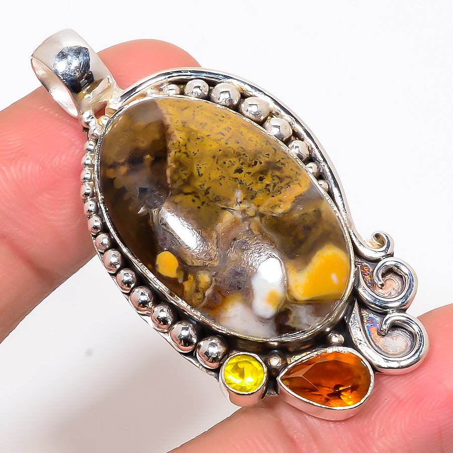 Polka Dot Agate & Honey Topaz 925 Sterling Silver Pendant, Handmade Pendant, Oval Pendant, Yellow Pendant, Unique Silver Pendant, Fine Pendant, Silver Jewelry Pendant
