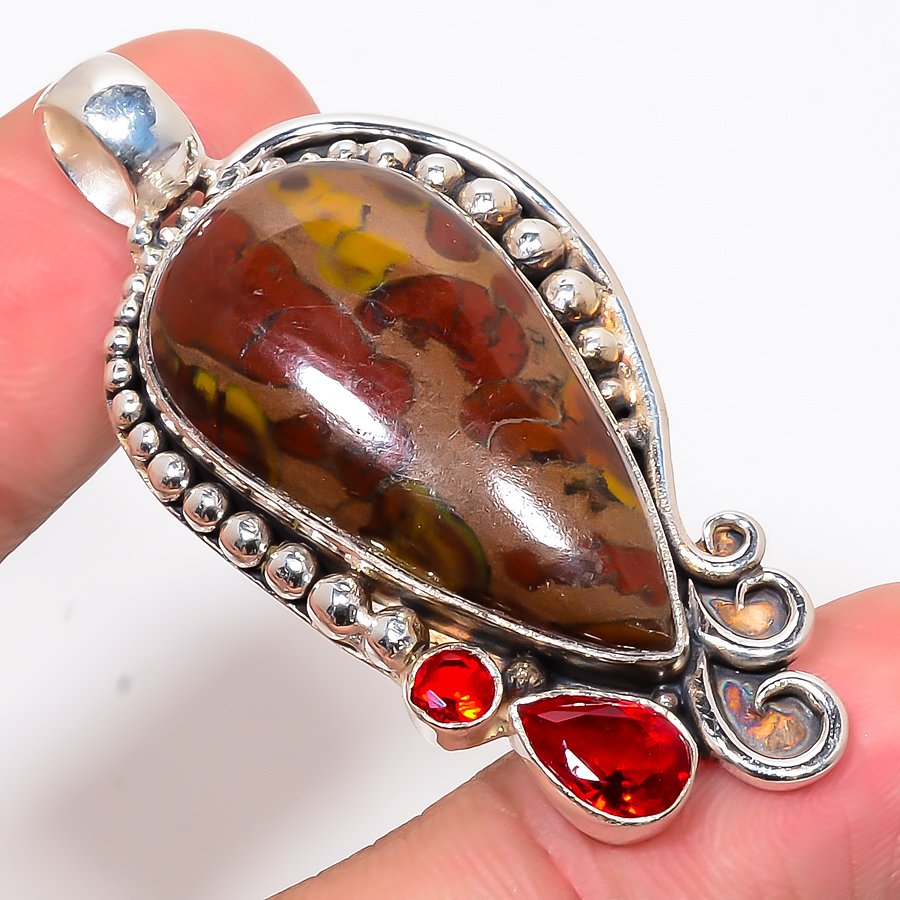 Rhyolite Jasper & Garnet 925 Sterling Silver Pendant, Handmade Pendant, Pear Pendant, Red Pendant, Unique Silver Pendant, Fine Pendant, Silver Jewelry Pendant