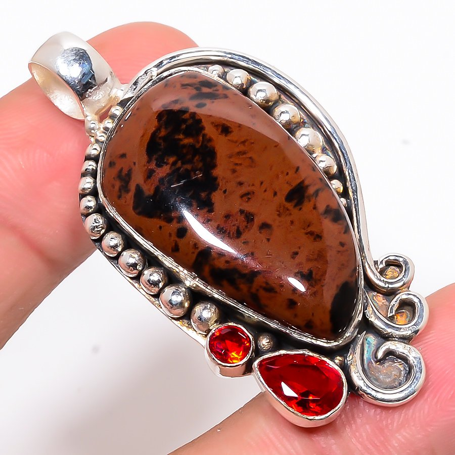 Mahogany Obsidian & Garnet 925 Sterling Silver Pendant, Handmade Pendant, Pear Pendant, Red Pendant, Unique Silver Pendant, Fine Pendant, Silver Jewelry Pendant