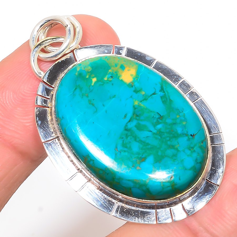 Chrysocolla 925 Sterling Silver Pendant, Handmade Pendant, Oval Pendant, Blue Pendant, Unique Silver Pendant, Fine Pendant, Silver Jewelry Pendant
