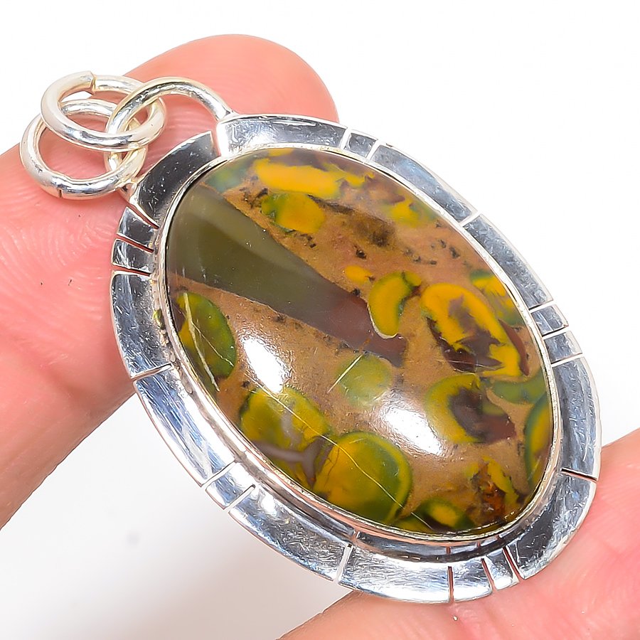 Rhyolite Jasper 925 Sterling Silver Pendant, Handmade Pendant, Oval Pendant, Green Pendant, Unique Silver Pendant, Fine Pendant, Silver Jewelry Pendant