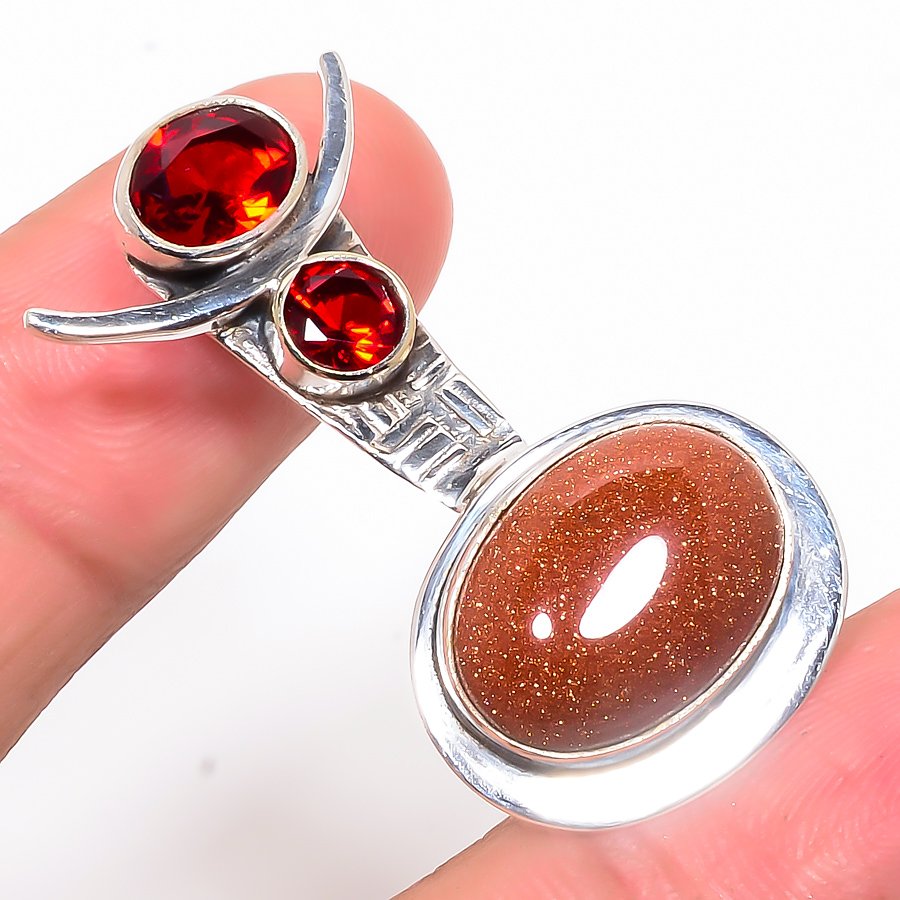 Golden Sunstone & Garnet 925 Sterling Silver Pendant, Handmade Pendant, Oval Pendant, Golden Pendant, Unique Silver Pendant, Fine Pendant, Silver Jewelry Pendant