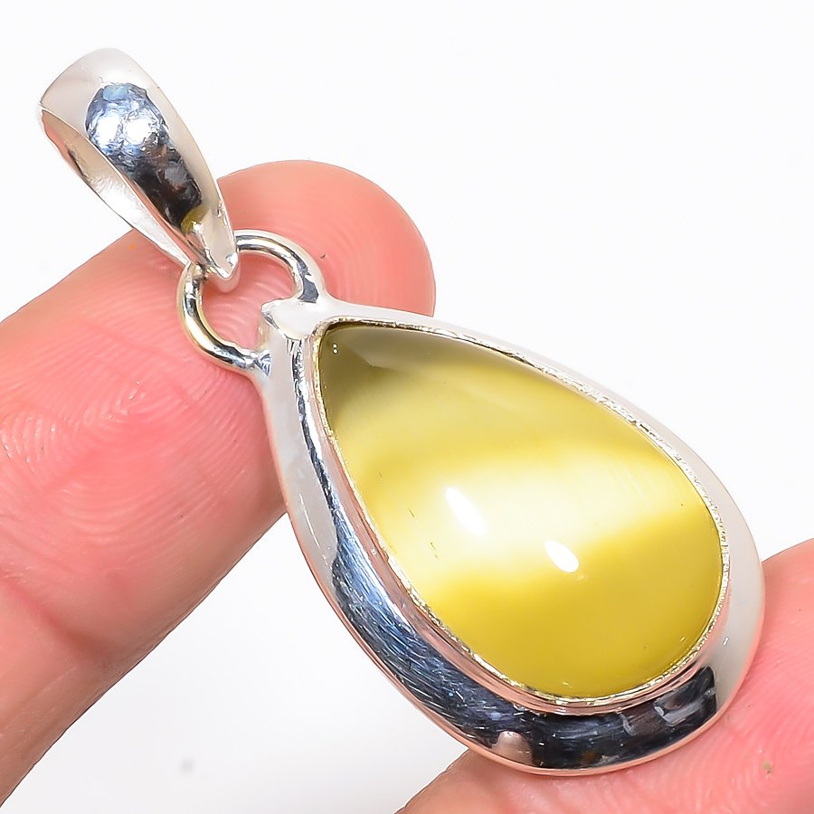 Lemon Cat'S Eye 925 Sterling Silver Pendant, Handmade Pendant, Pear Pendant, Yellow Pendant, Unique Silver Pendant, Fine Pendant, Silver Jewelry Pendant