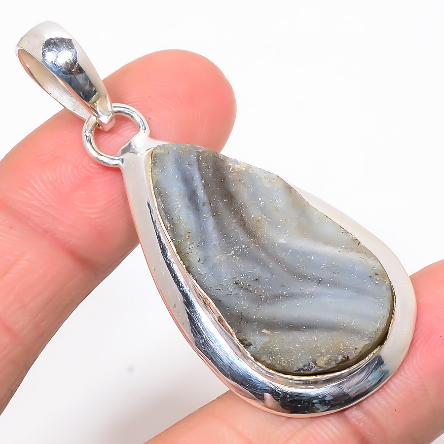 Desert Ross Drusy 925 Sterling Silver Pendant, Handmade Pendant, Pear Pendant, Gray Pendant, Unique Silver Pendant, Fine Pendant, Silver Jewelry Pendant