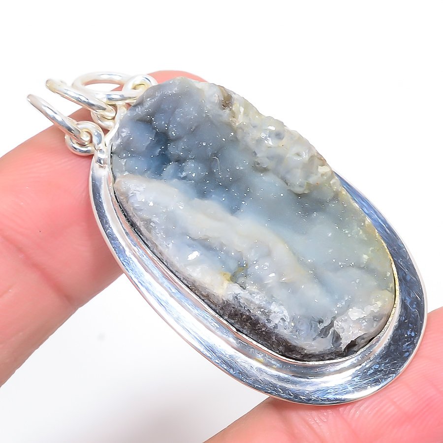 Desert Rose Drusy 925 Sterling Silver Pendant, Handmade Pendant, Oval Pendant, Silver Pendant, Unique Silver Pendant, Fine Pendant, Silver Jewelry Pendant