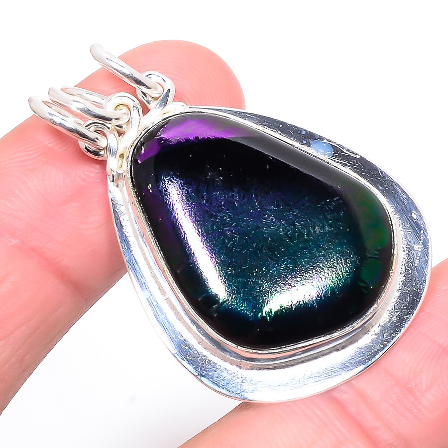 Dichroic Glass 925 Sterling Silver Pendant, Handmade Pendant, Trillion Pendant, Black Pendant, Unique Silver Pendant, Fine Pendant, Silver Jewelry Pendant
