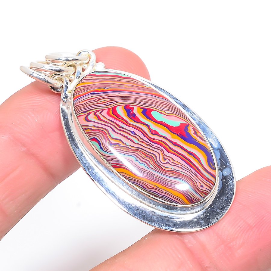 Rainbow Calsilica 925 Sterling Silver Pendant, Handmade Pendant, Oval Pendant, Red Pendant, Unique Silver Pendant, Fine Pendant, Silver Jewelry Pendant