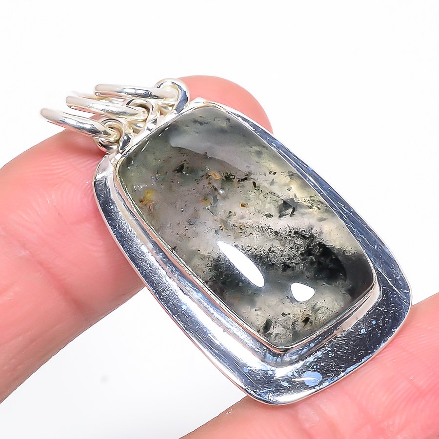 Black Moss Quartz 925 Sterling Silver Pendant, Handmade Pendant, Cushion Pendant, Black Pendant, Unique Silver Pendant, Fine Pendant, Silver Jewelry Pendant