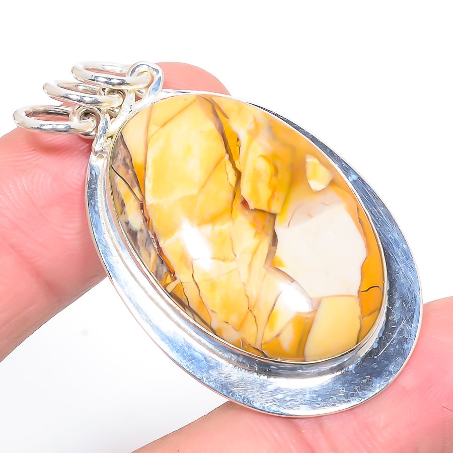 Brecciated Mookaite 925 Sterling Silver Pendant, Handmade Pendant, Oval Pendant, Yellow Pendant, Unique Silver Pendant, Fine Pendant, Silver Jewelry Pendant