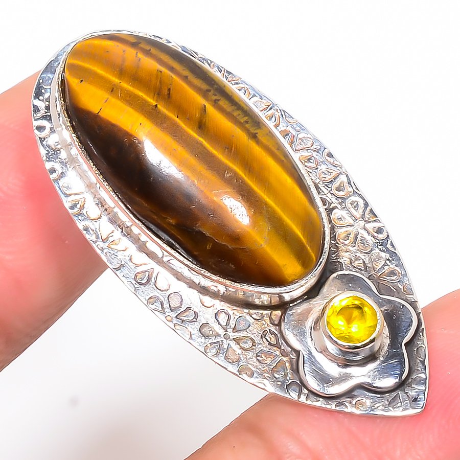 Thai Tiger Eye & Lemon Topaz 925 Sterling Silver Pendant, Handmade Pendant, Oval Pendant, Yellow Pendant, Unique Silver Pendant, Fine Pendant, Silver Jewelry Pendant