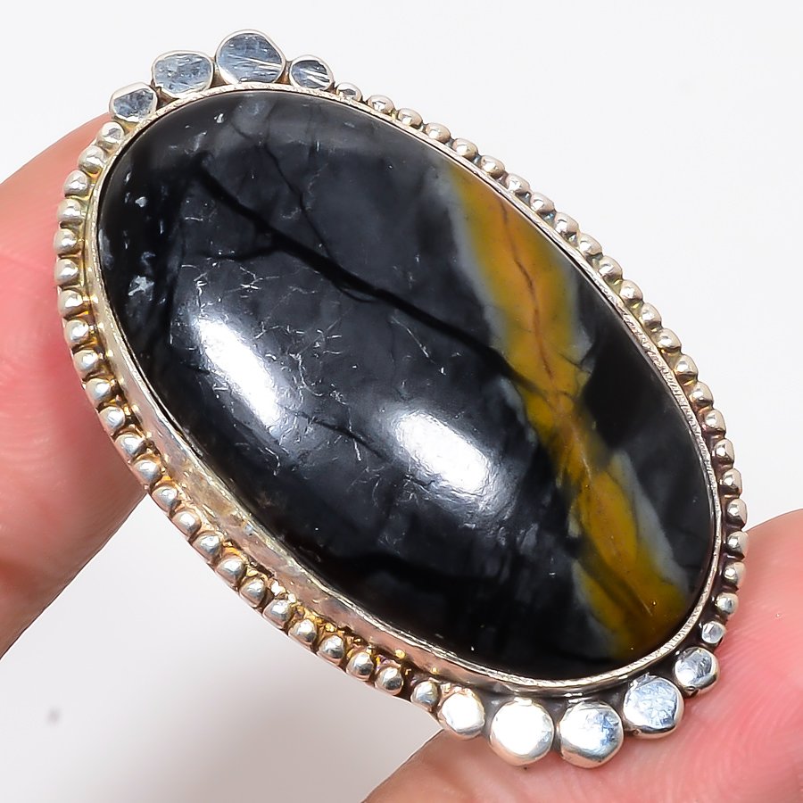Picasso Jasper 925 Sterling Silver Pendant, Handmade Pendant, Oval Pendant, Black Pendant, Unique Silver Pendant, Fine Pendant, Silver Jewelry Pendant
