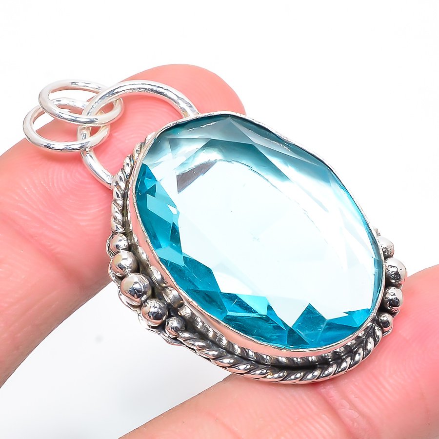 Blue Topaz 925 Sterling Silver Pendant, Handmade Pendant, Oval Pendant, Blue Pendant, Unique Silver Pendant, Fine Pendant, Silver Jewelry Pendant