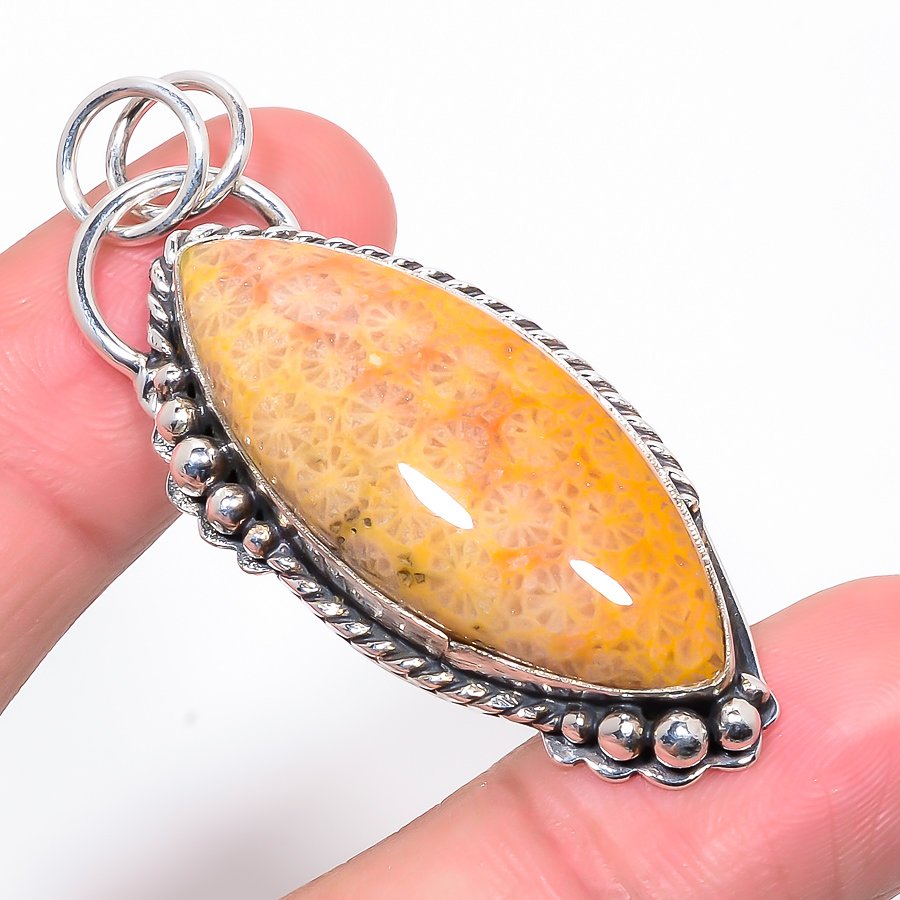 Fossil Coral 925 Sterling Silver Pendant, Handmade Pendant, Marquise Pendant, Yellow Pendant, Unique Silver Pendant, Fine Pendant, Silver Jewelry Pendant