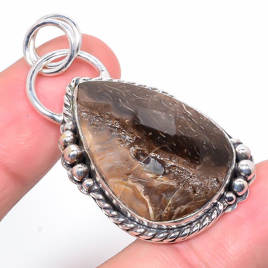 Turritella Fossil Agate 925 Sterling Silver Pendant, Handmade Pendant, Pear Pendant, Brown Pendant, Unique Silver Pendant, Fine Pendant, Silver Jewelry Pendant