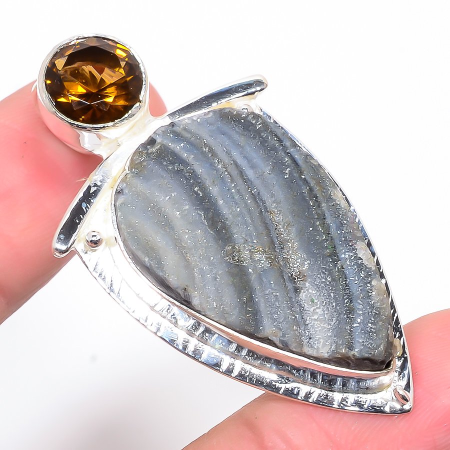 Desert Rose Drusy & Smoky Quartz 925 Sterling Silver Pendant, Handmade Pendant, Pear Pendant, Gray Pendant, Unique Silver Pendant, Fine Pendant, Silver Jewelry Pendant