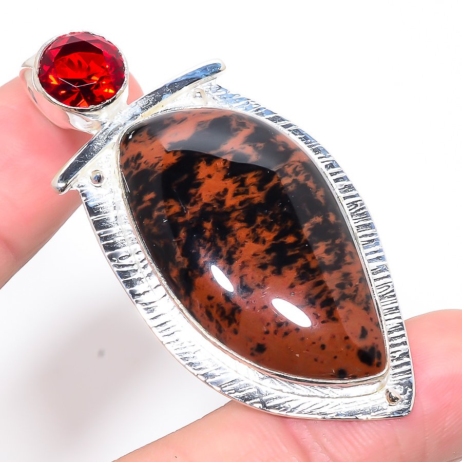 Mahogany Obsidian & Garnet 925 Sterling Silver Pendant, Handmade Pendant, Fancy Pendant, Red Pendant, Unique Silver Pendant, Fine Pendant, Silver Jewelry Pendant