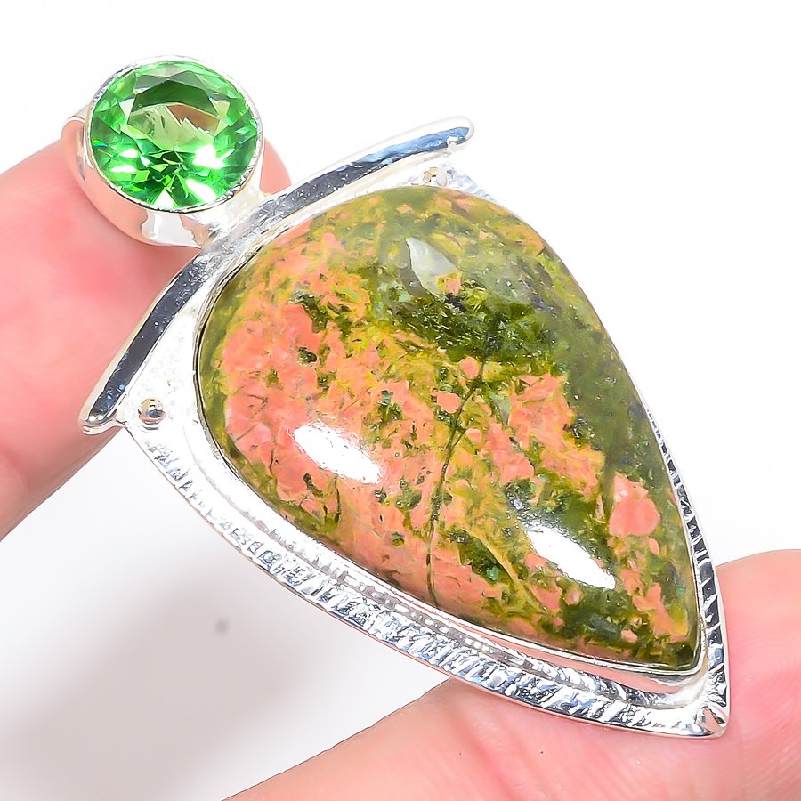 Unakite & Peridot 925 Sterling Silver Pendant, Handmade Pendant, Pear Pendant, Green Pendant, Unique Silver Pendant, Fine Pendant, Silver Jewelry Pendant