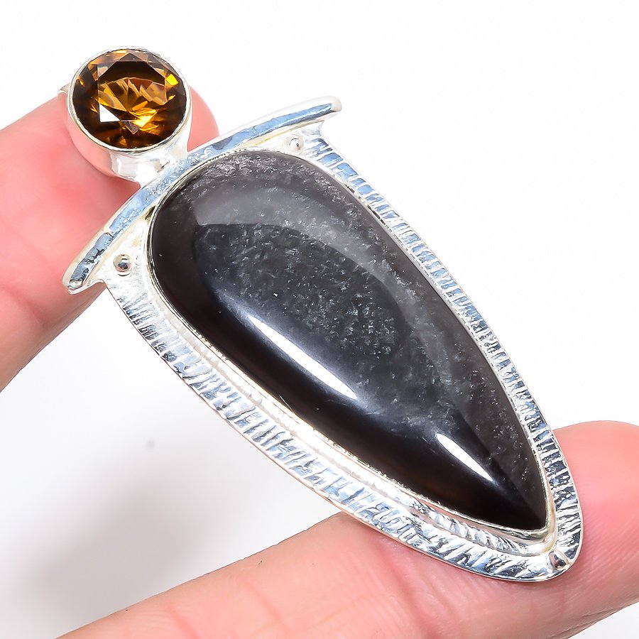 Silver Sheen Obaidian & Smoky Quartz 925 Sterling Silver Pendant, Handmade Pendant, Pear Pendant, Silver Pendant, Unique Silver Pendant, Fine Pendant, Silver Jewelry Pendant