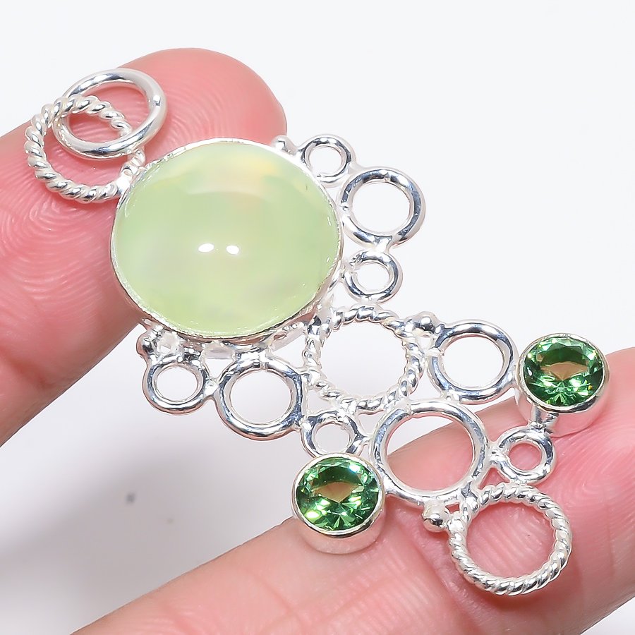 Prehnite & Peridot 925 Sterling Silver Pendant, Handmade Pendant, Round Pendant, Green Pendant, Unique Silver Pendant, Fine Pendant, Silver Jewelry Pendant