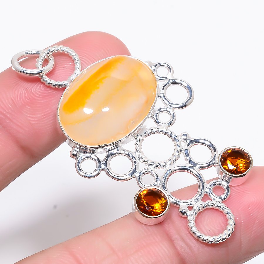 Banded Agate & Citrine 925 Sterling Silver Pendant, Handmade Pendant, Oval Pendant, Yellow Pendant, Unique Silver Pendant, Fine Pendant, Silver Jewelry Pendant