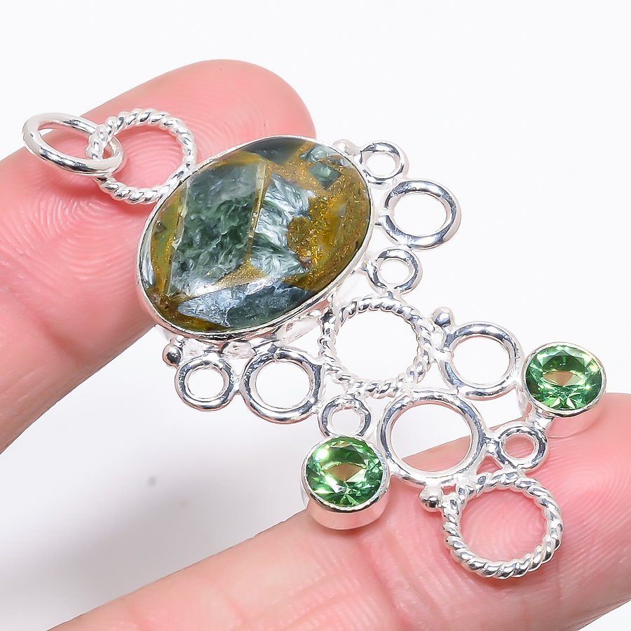 Copper Seraphinite & Peridot 925 Sterling Silver Pendant, Handmade Pendant, Oval Pendant, Green Pendant, Unique Silver Pendant, Fine Pendant, Silver Jewelry Pendant
