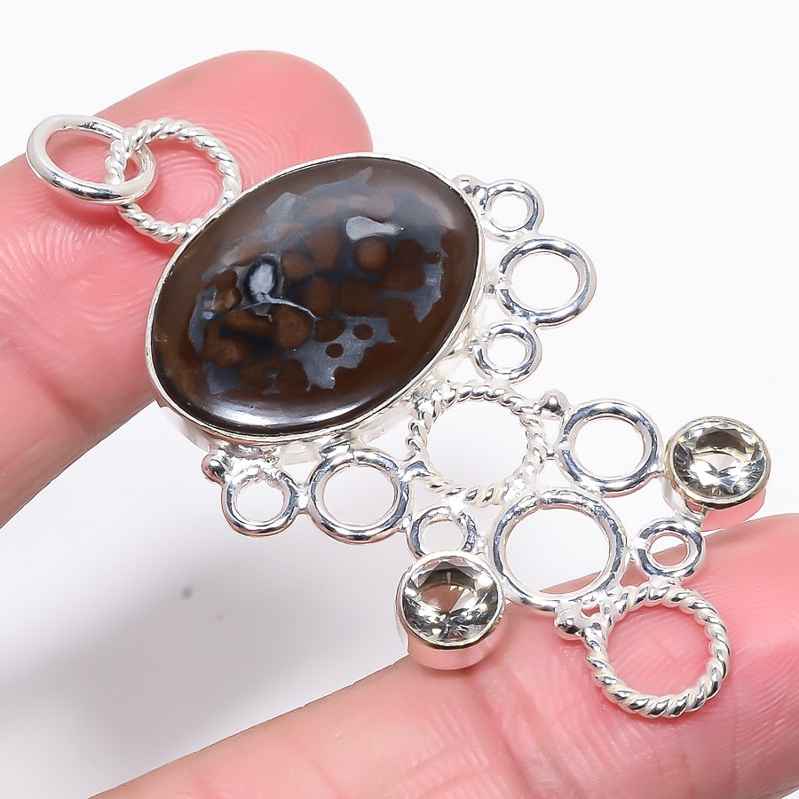 Mud Crack Fossil & Smoky Quartz 925 Sterling Silver Pendant, Handmade Pendant, Oval Pendant, Brown Pendant, Unique Silver Pendant, Fine Pendant, Silver Jewelry Pendant
