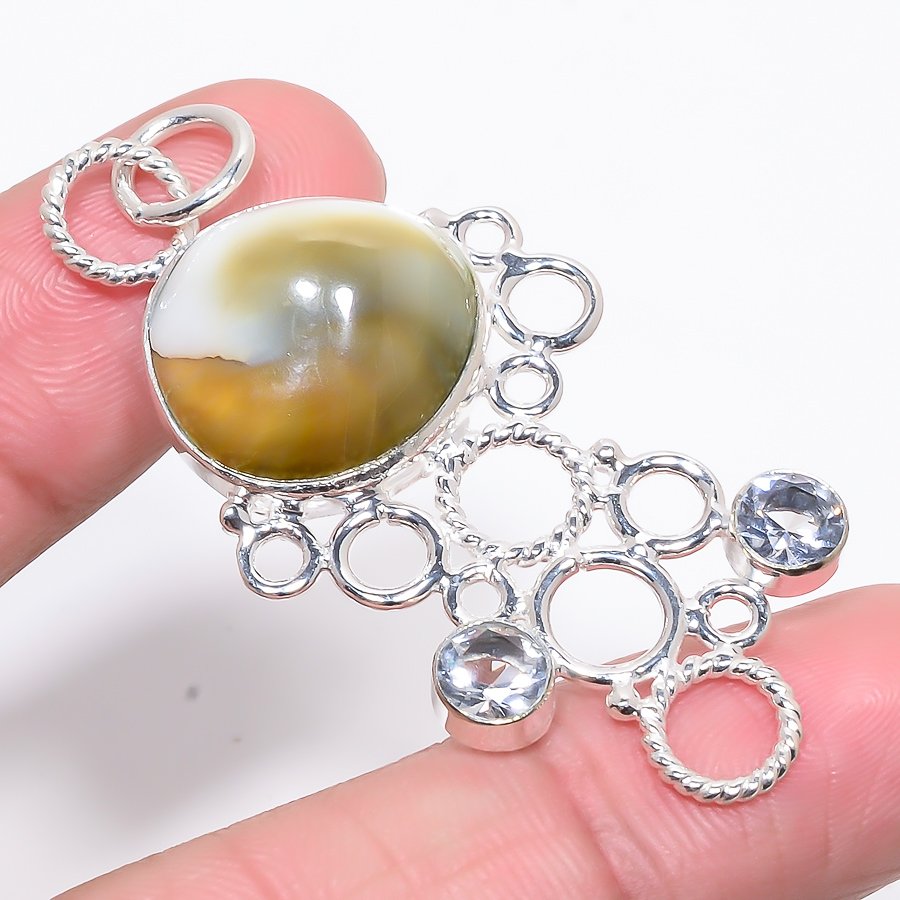Ocean Shell & White Topaz 925 Sterling Silver Pendant, Handmade Pendant, Pear Pendant, Green Pendant, Unique Silver Pendant, Fine Pendant, Silver Jewelry Pendant