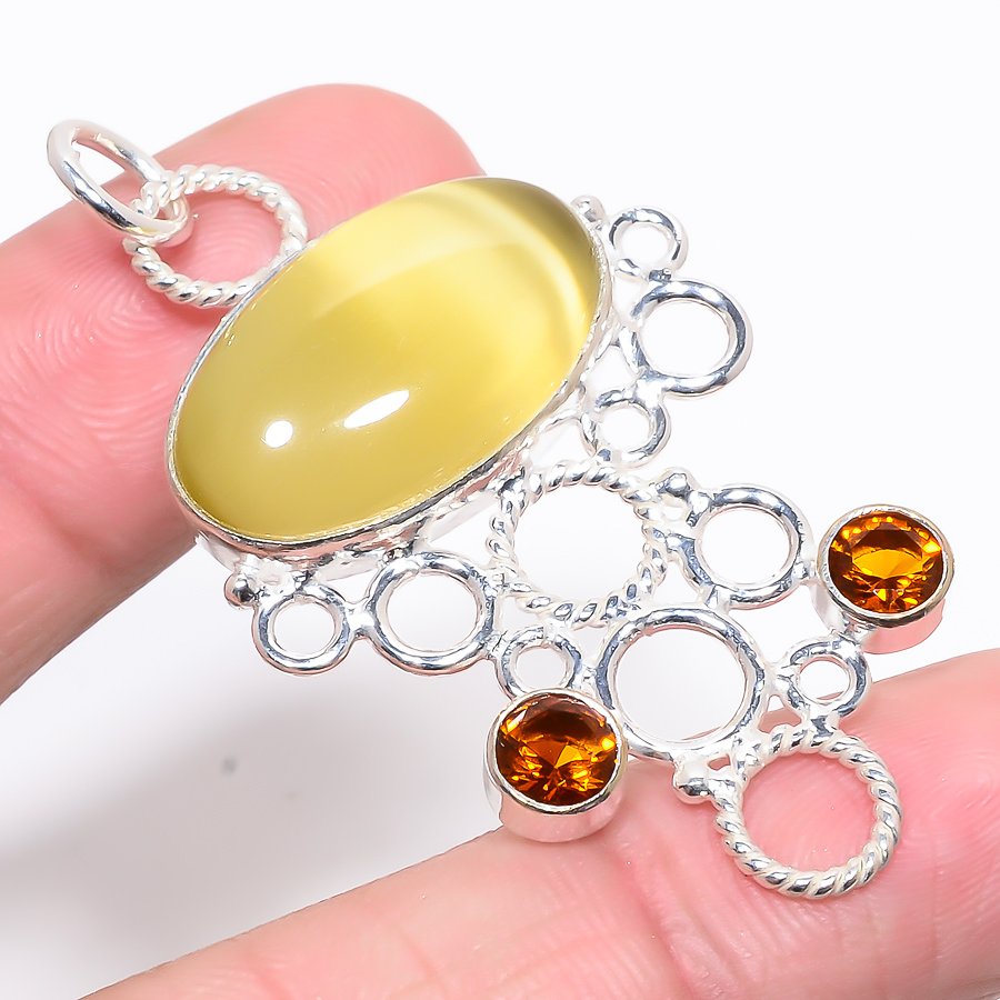 Lemon Cat'S Eye & Citrine 925 Sterling Silver Pendant, Handmade Pendant, Oval Pendant, Yellow Pendant, Unique Silver Pendant, Fine Pendant, Silver Jewelry Pendant