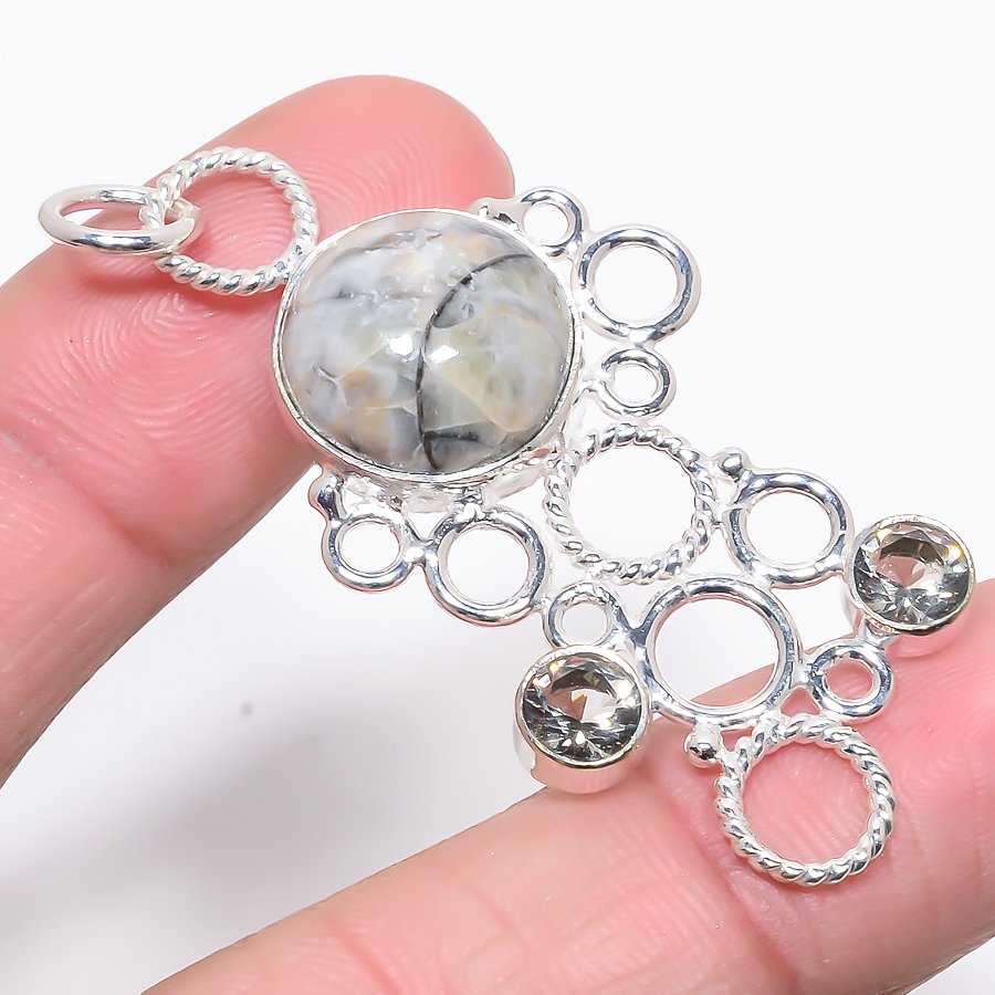 Orthoceras Fossil & Smoky Quartz 925 Sterling Silver Pendant, Handmade Pendant, Round Pendant, Black Pendant, Unique Silver Pendant, Fine Pendant, Silver Jewelry Pendant