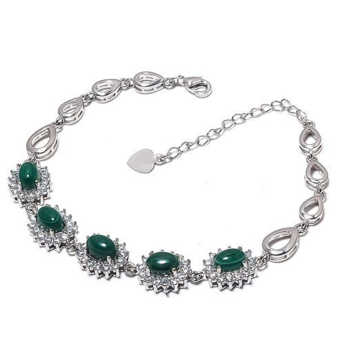 Russian Malachite & White Topaz Cluster 925 Sterling Silver Bracelet 