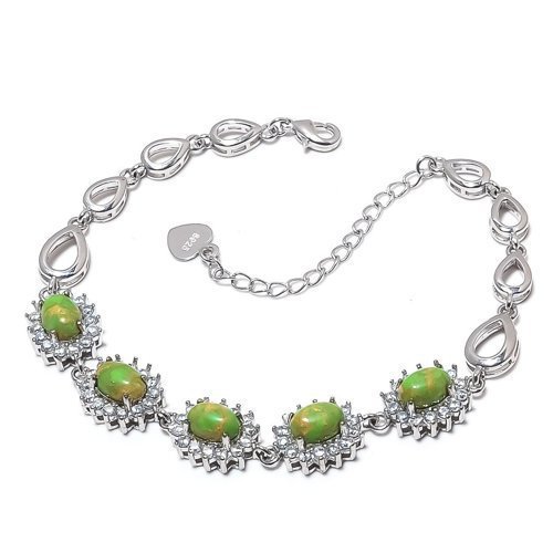 Green Copper Turquoise Cluster 925 Sterling Silver Bracelet 
