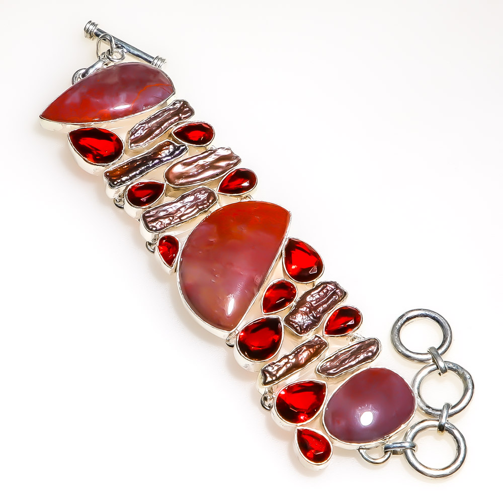 Mookaite - Australia & Biwa Pearl 925 Sterling Silver Bracelet 