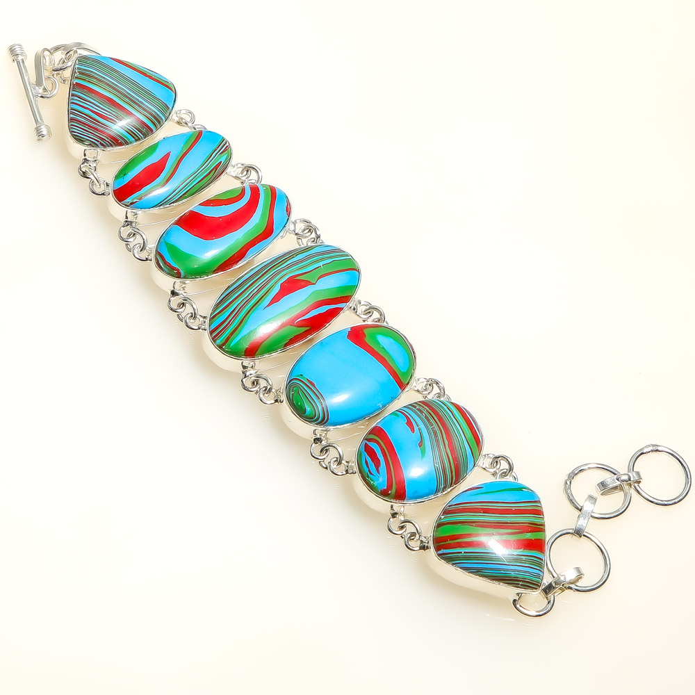 Rainbow Calsilica 925 Sterling Silver Ethnic Bracelet 