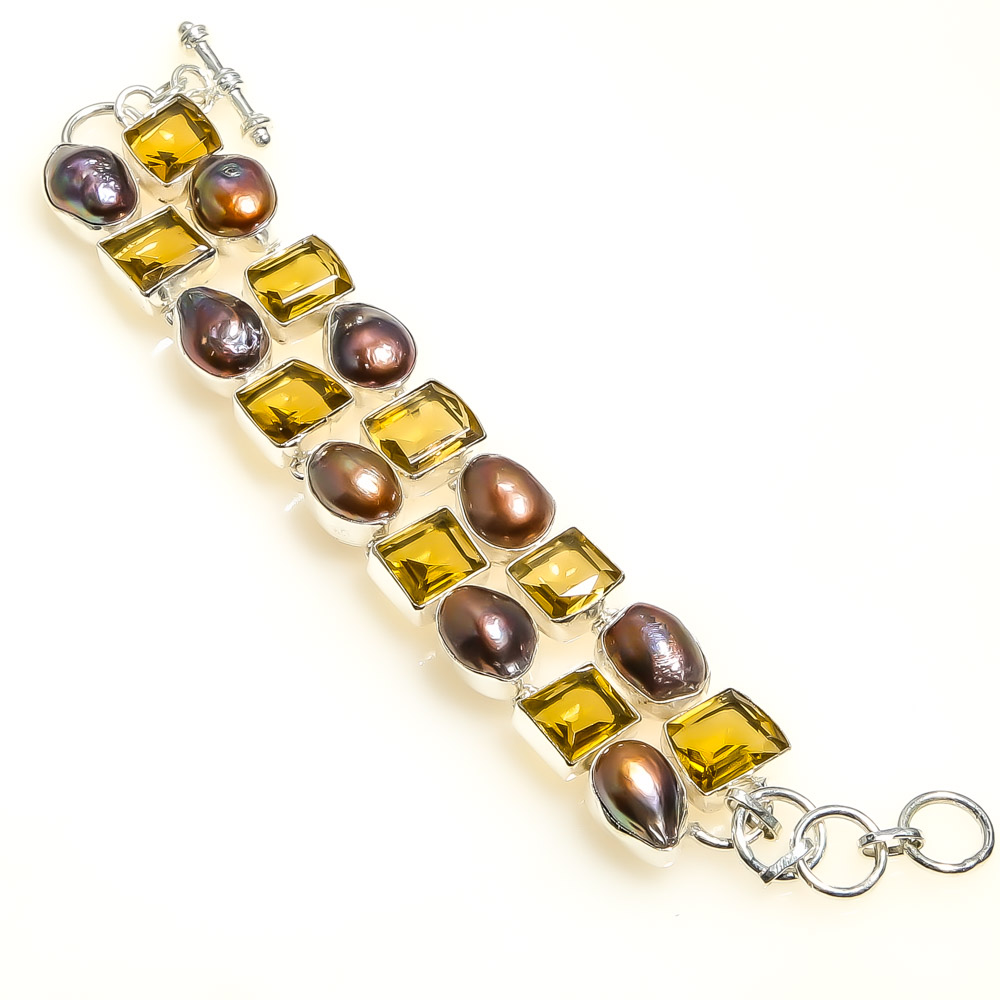 Biwa Pearl & Smoky Quartz 925 Sterling Silver Ethnic Bracelet 