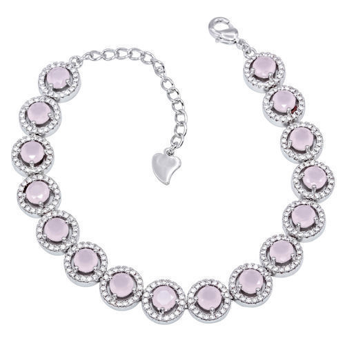 Rose Quartz & White Cz Solid 925 Sterling Silver Bracelet 