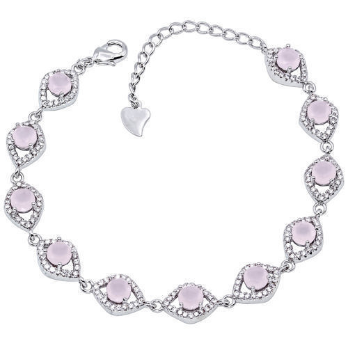Rose Quartz & White Cz 925 Sterling Silver Handmade Bracelet 