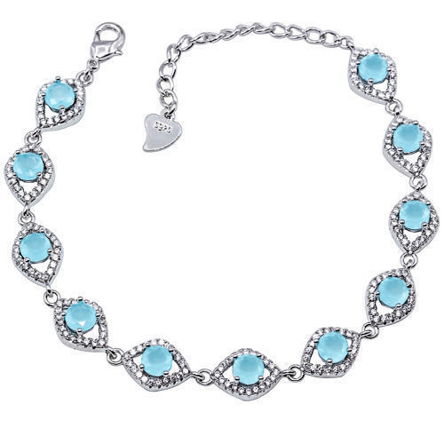 Blue Chalcedony & White Cz 925 Sterling Silver Bracelet 