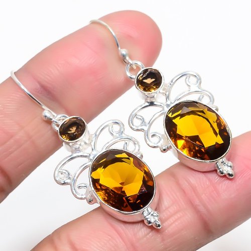 Golden Topaz & Smokey Quartz 925 Sterling Silver Earring 2.0" T765