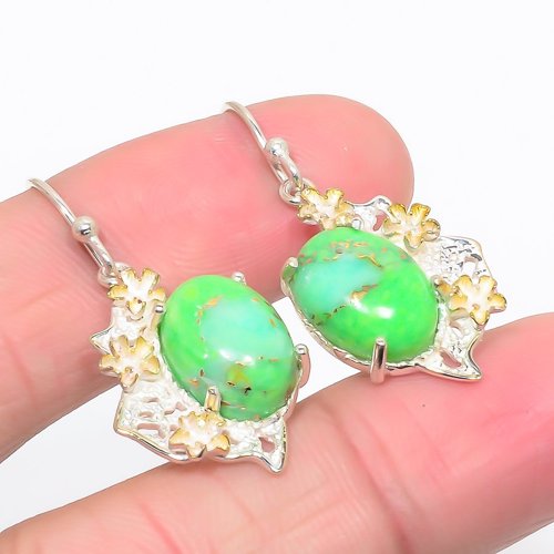 Copper Mohave Green Turquoise 925 Sterling Silver Jewelry Earring, Drop Dangle Earring, Gift For Her, Oval Earring, Green Earring, Silver Jewelry Earring