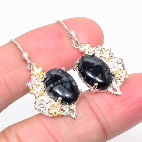 Picasso Jasper 925 Sterling Silver Jewelry Earring, Drop Dangle Earring, Gift For Her, Oval Earring, Black Earring, Silver Jewelry Earring