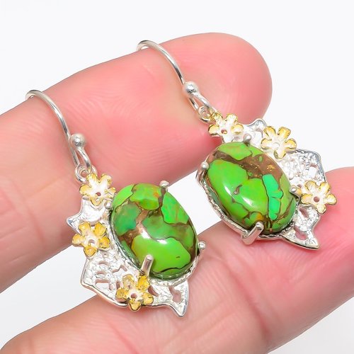 Copper Mohave Green Turquoise 925 Sterling Silver Jewelry Earring, Drop Dangle Earring, Gift For Her, Oval Earring, Green Earring, Silver Jewelry Earring