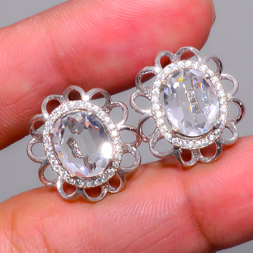 White Topaz & Cz 925 Silver Earring, Drop Dangle Earring, Gift For Her, Oval Earring, White Earring, Silver Jewelry Earring